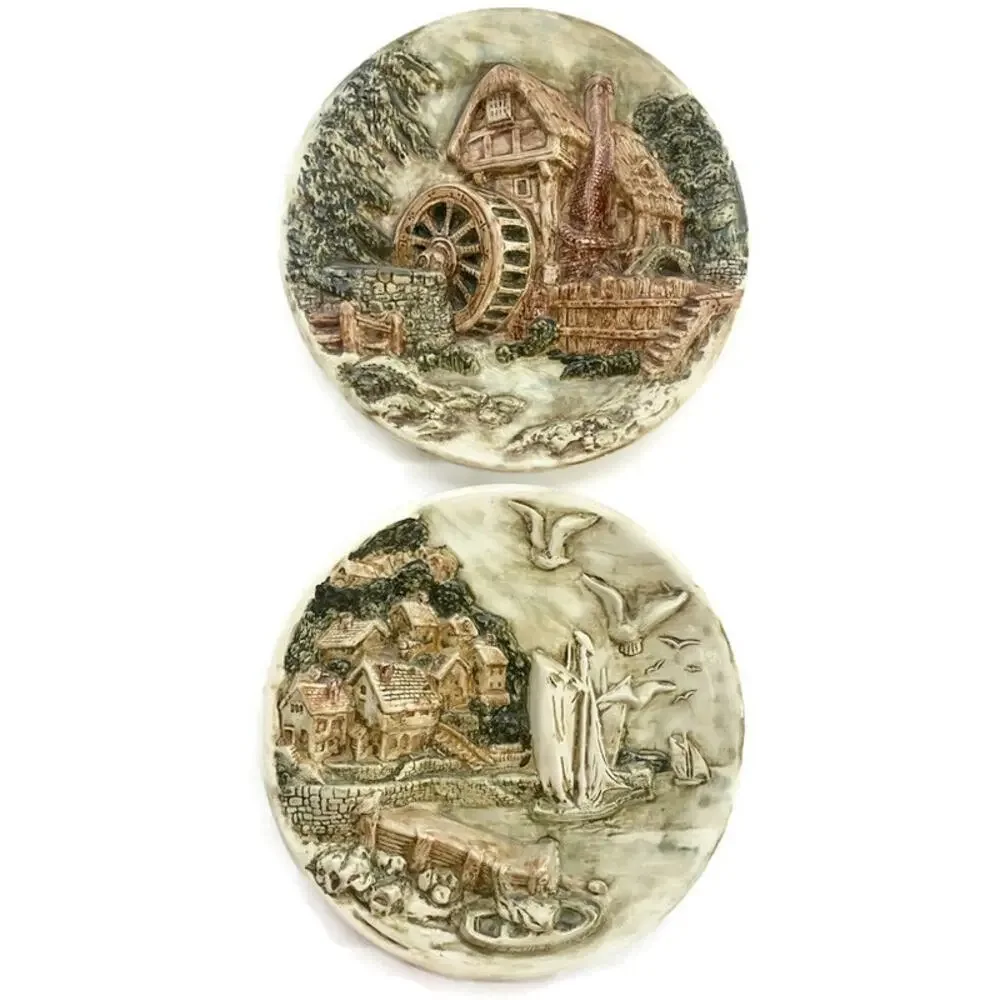 Vintage Chalkware Watermill & Seaport Wall Art Plates 10.5